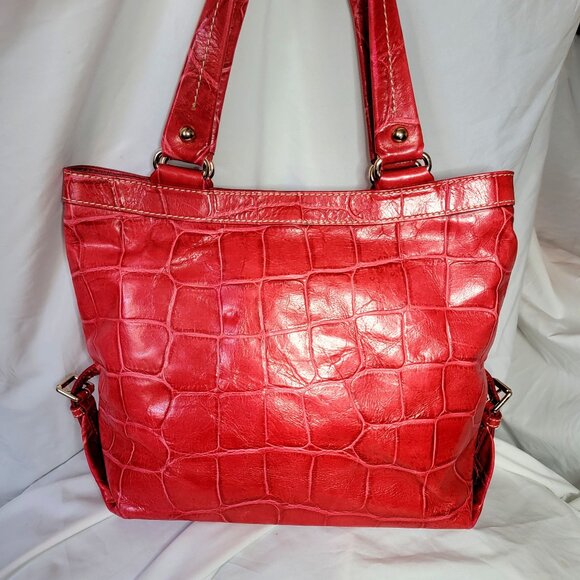 Dooney & Bourke Vintage Big Red Crocodile Embossed Leather Tote Bag, EUC - Picture 6 of 11